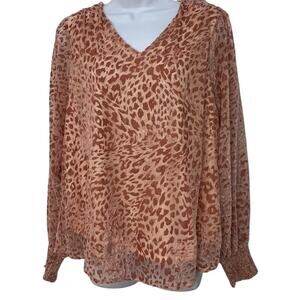 Easel Leopard Animal Print Blouse Peach Semi Sheer Velour V-Neck NWT Boho Glam S